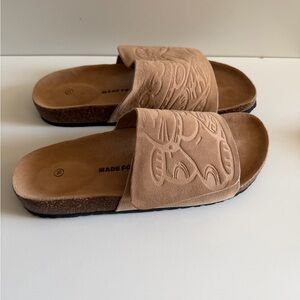 Tan Embossed Slide Sandals